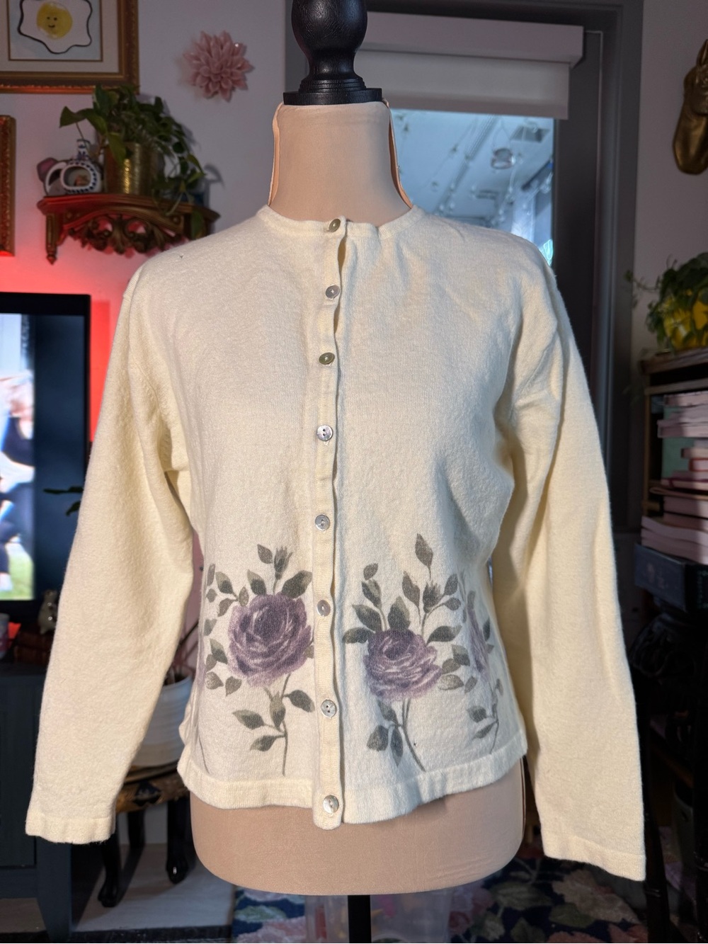 Vintage Casual Corner XL Lambswool Floral Rose Cardigan Cottagecore